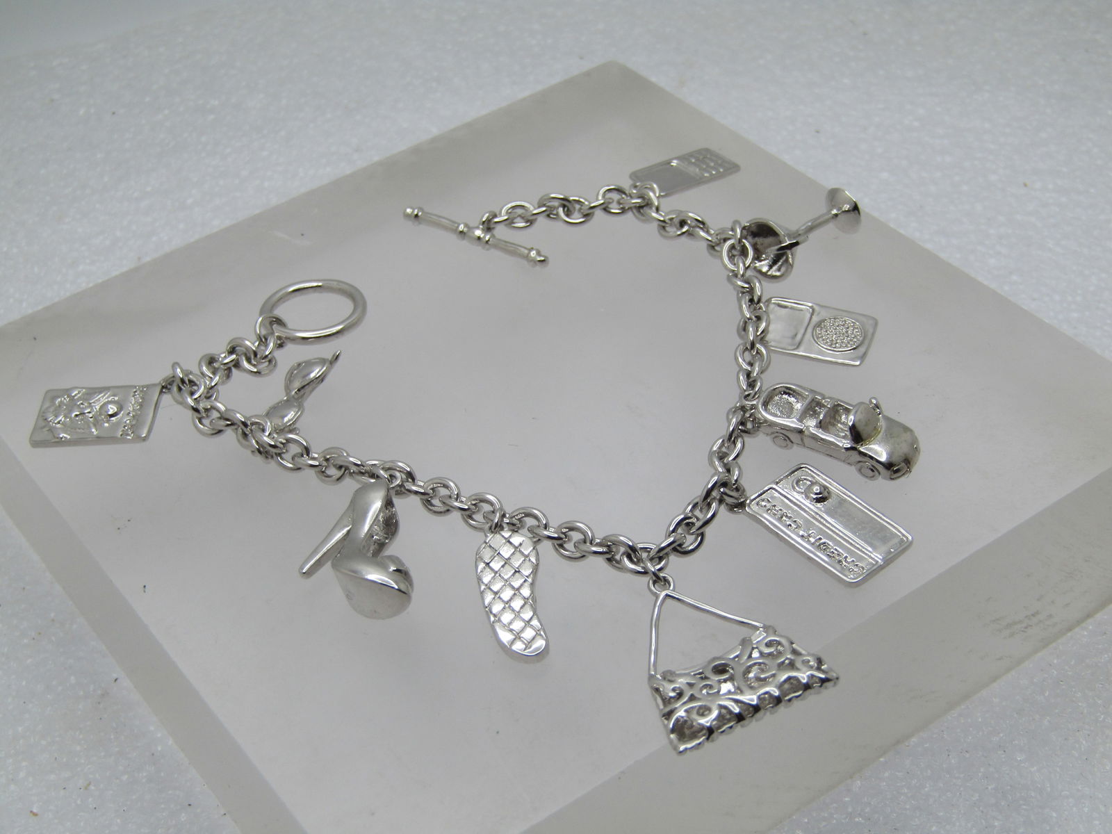 Vintage Posh Charm Bracelet, Toggle Clasp. 8", 1990's, Signed - 2