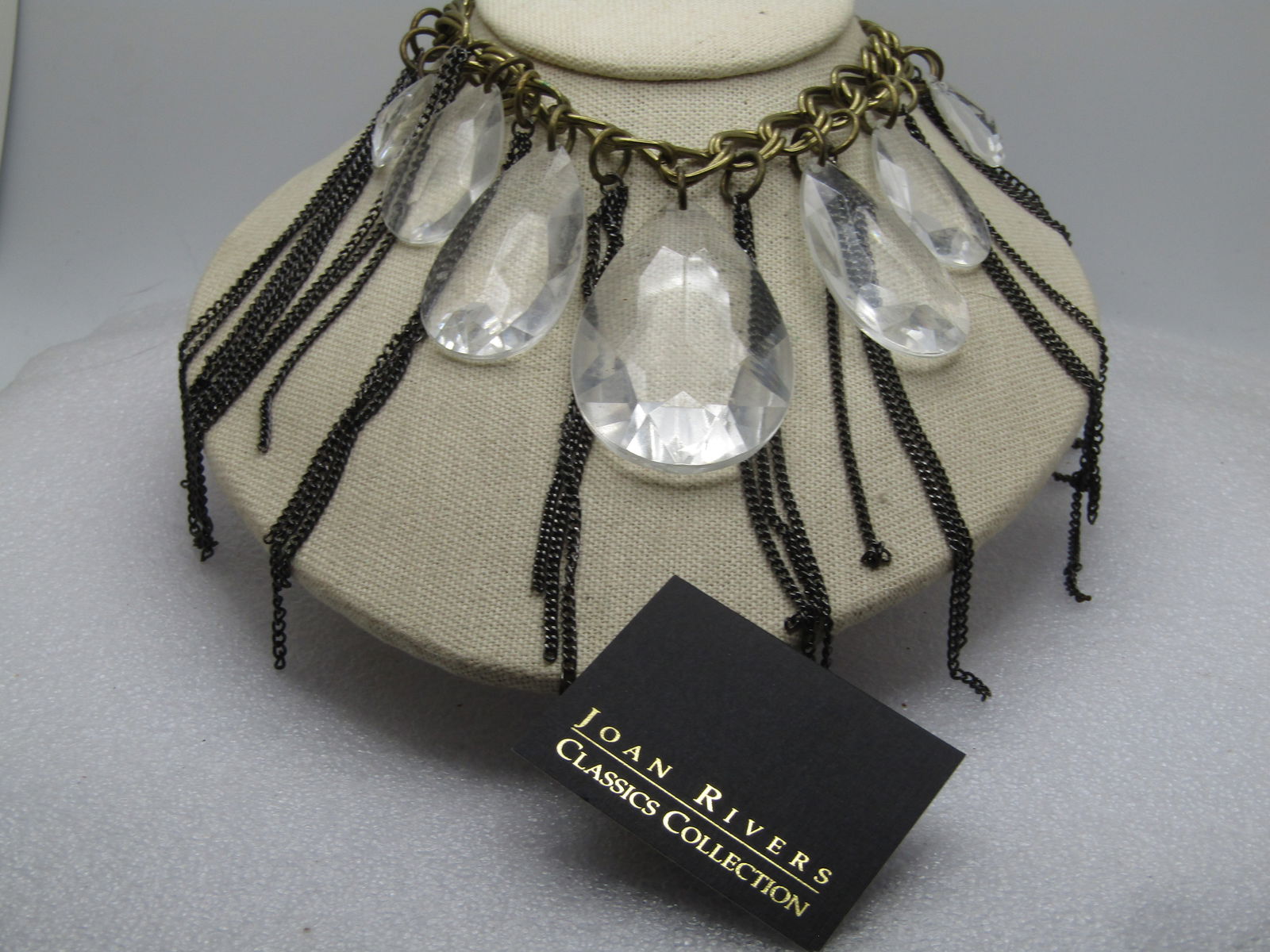 Vintage Joan Rivers Lucite Crystal & Chain Necklace, Chunky, 20", 1990's: Vintage Joan Rivers Lucite Crystal & Chain Necklace, Chunky, 20", 1990's. Chandelier statement necklace. Titanium toned to black chains, are attachThe necklace chain is gold tone and a curved double