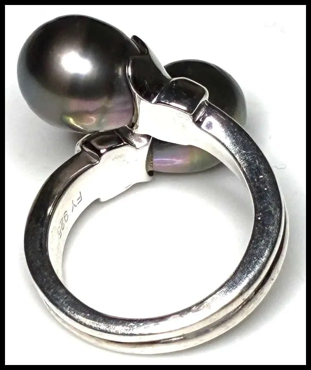 Estate Cultured Tahitian Pearl Sterling Silver Bypass Ring - 5