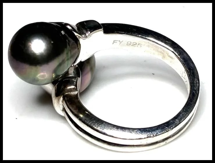 Estate Cultured Tahitian Pearl Sterling Silver Bypass Ring - 6