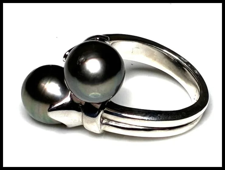Estate Cultured Tahitian Pearl Sterling Silver Bypass Ring - 7