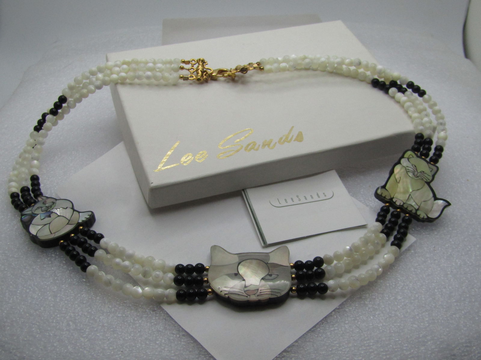 Vintage Inlaid Cat/Kitten Necklace, Triple Strand 19.5", With Box, 1970's-1990's - 8