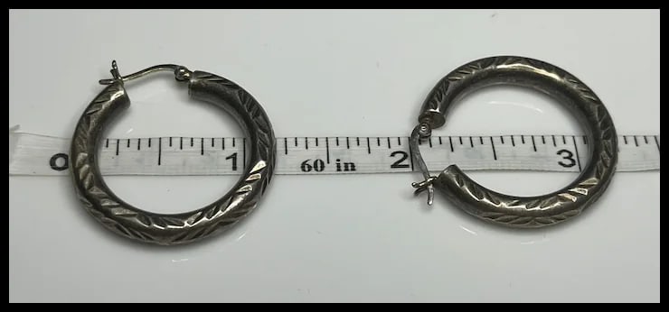Vintage Etched Sterling Silver Hoop Earrings - 5
