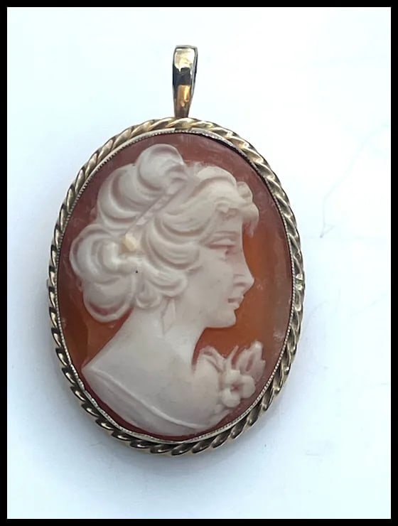 Vintage Gold Tone Shell Cameo Brooch/ Retractable Pendant - 2
