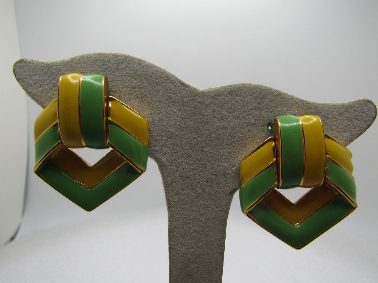 Vintage Enameled Yellow/Green Earrings, Swivel Clips, 1960's-1970's (1 of 6)