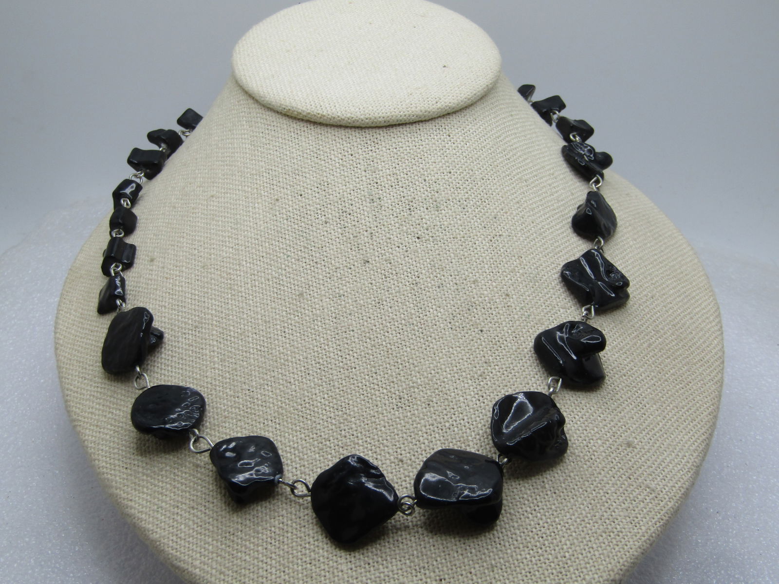 Vintage Black Glass Molten Nugget Necklace 24", 1980's (1 of 8)