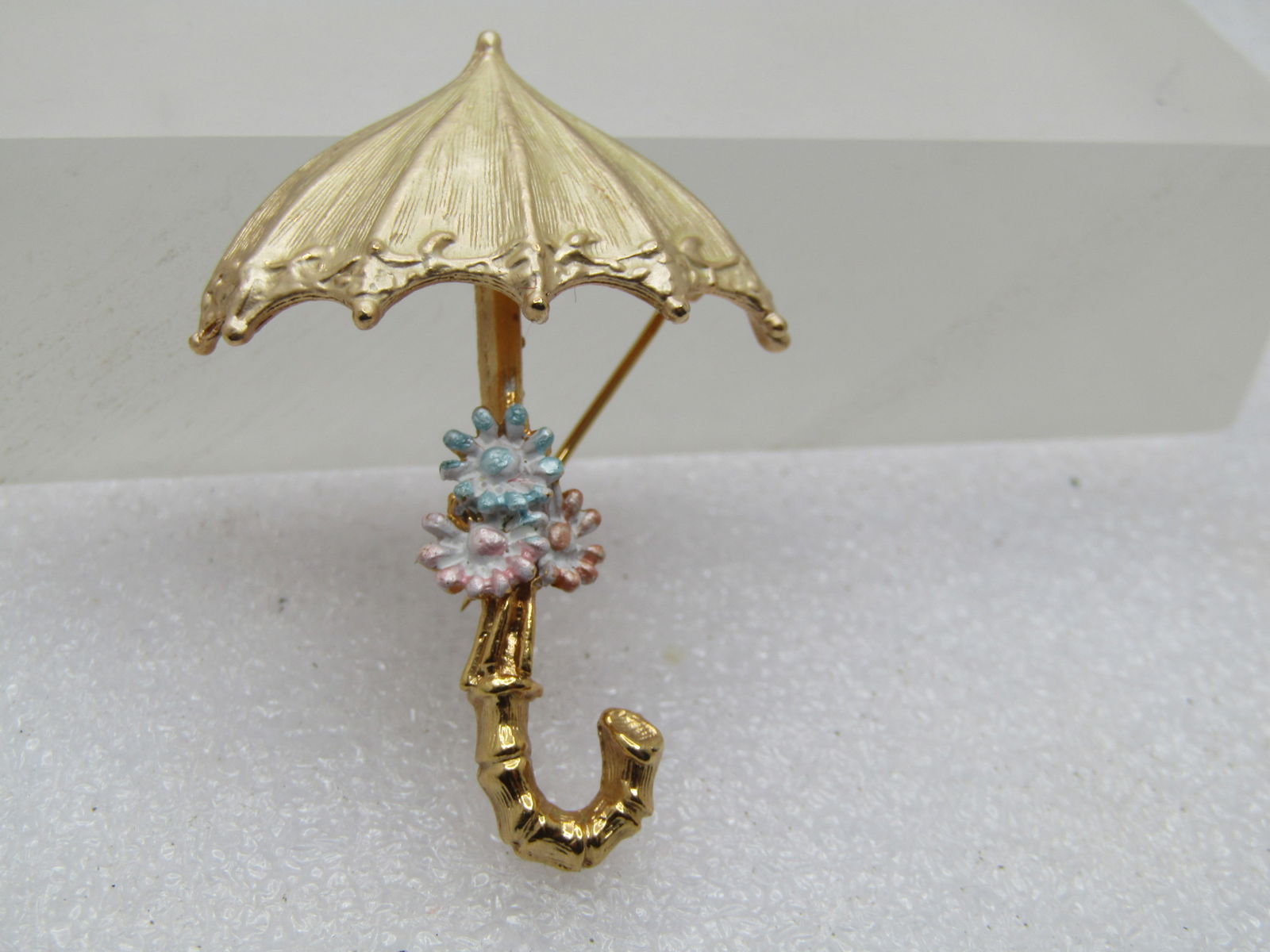 Vintage Umbrella & Enameled Floral Brooch, 1960's-1970's, Signed - 2