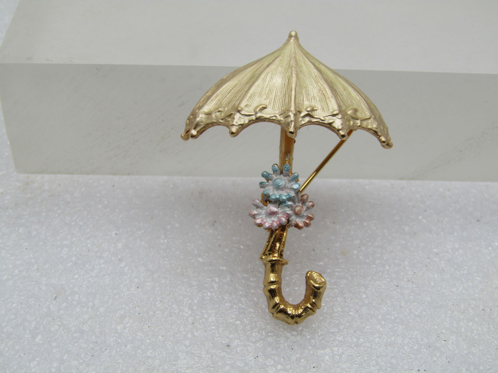 Vintage Umbrella & Enameled Floral Brooch, 1960's-1970's, Signed - 4