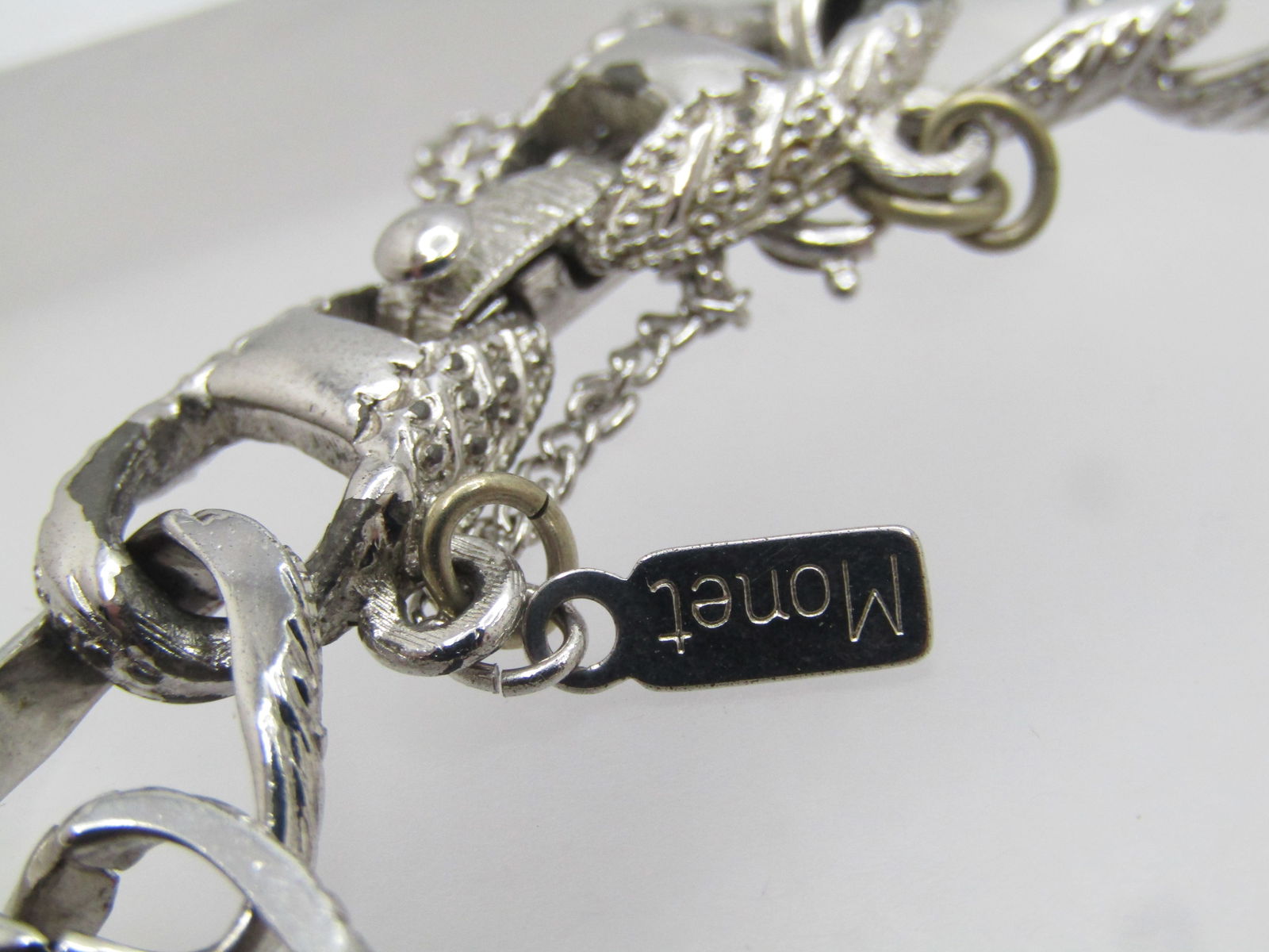 Vintage Monet Charm Bracelet, 7.25", 1960's, Safey Chain, Signed - 3