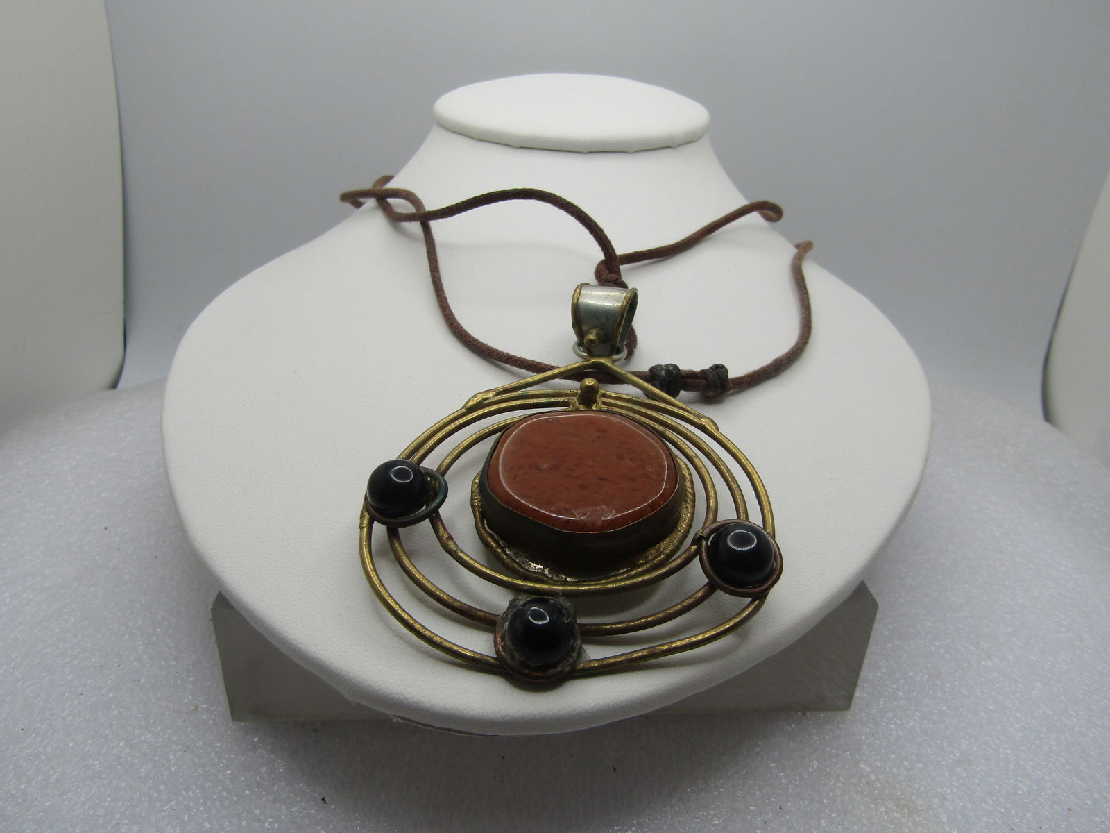 Vintage Abstract Brass & Stone Brutalist Necklace, Brass & Silver Tone, 34", Adjustable , (1 of 5)