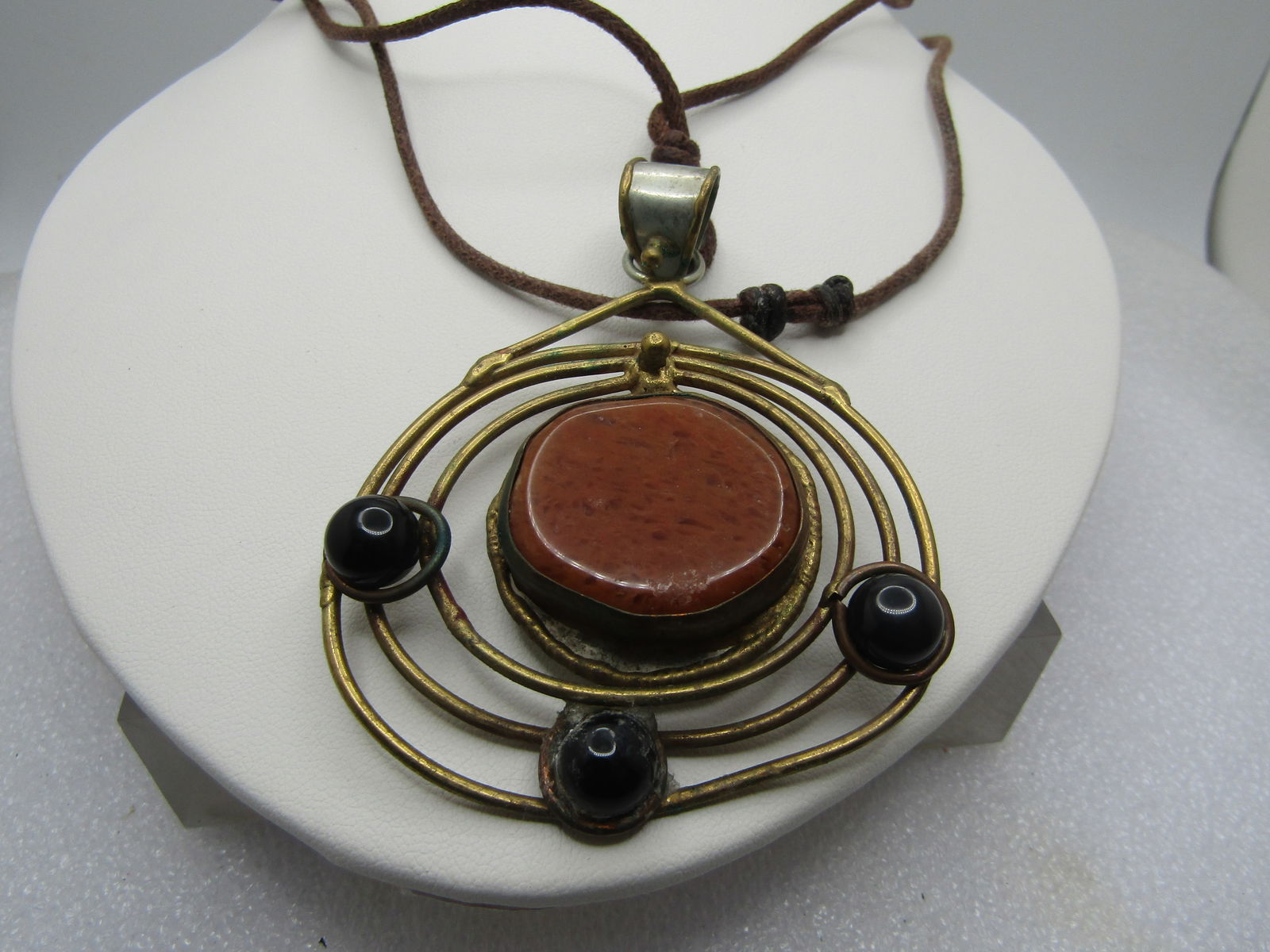 Vintage Abstract Brass & Stone Brutalist Necklace, Brass & Silver Tone, 34", Adjustable , - 2