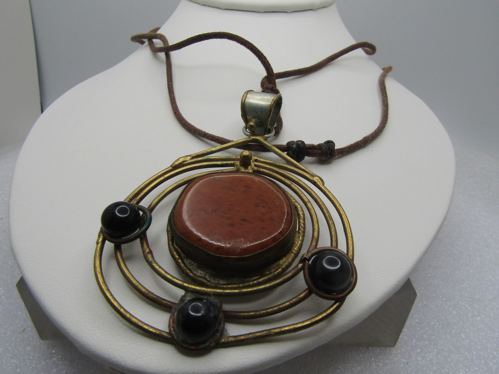 Vintage Abstract Brass & Stone Brutalist Necklace, Brass & Silver Tone, 34", Adjustable , - 3