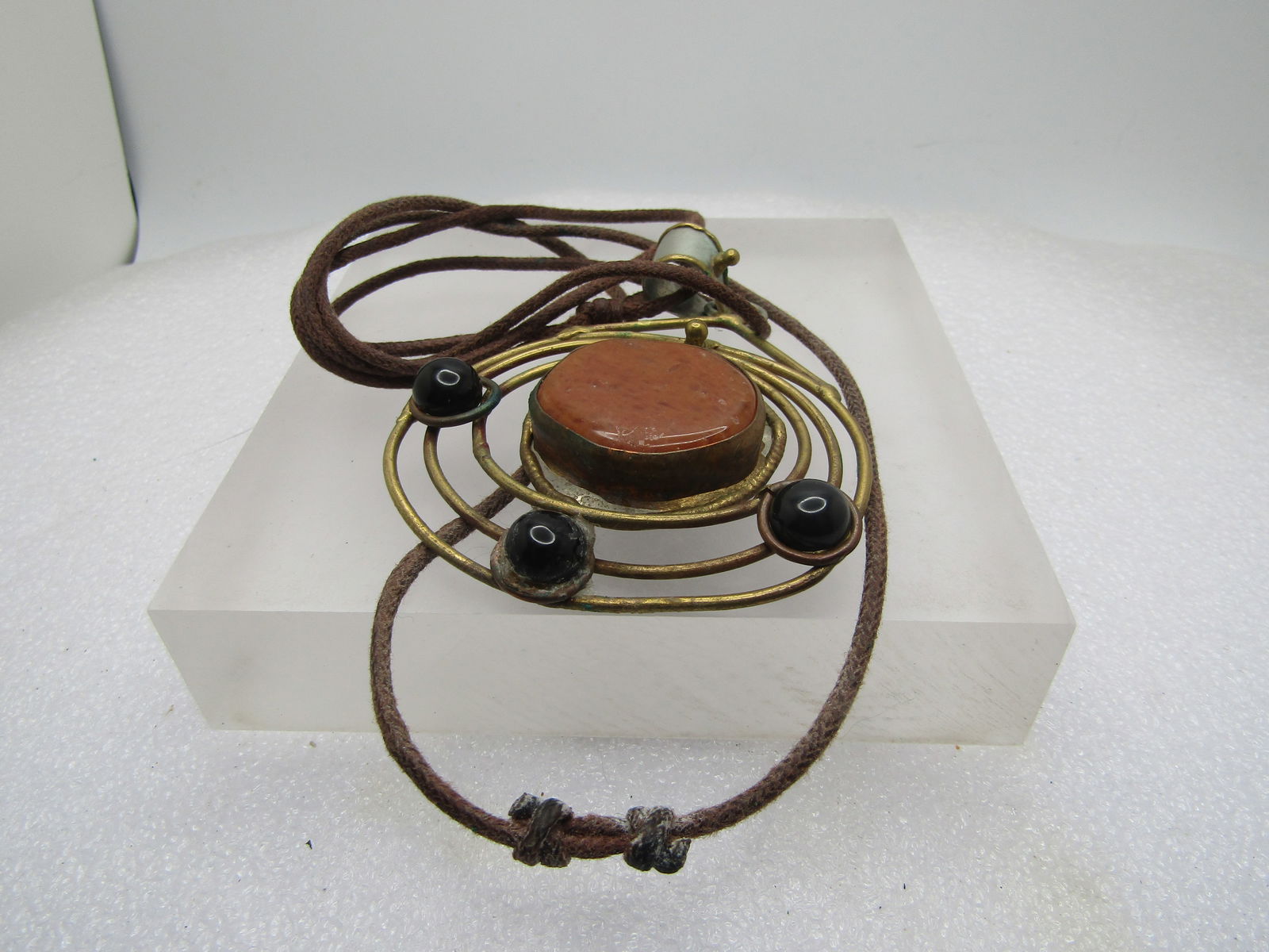 Vintage Abstract Brass & Stone Brutalist Necklace, Brass & Silver Tone, 34", Adjustable , - 5