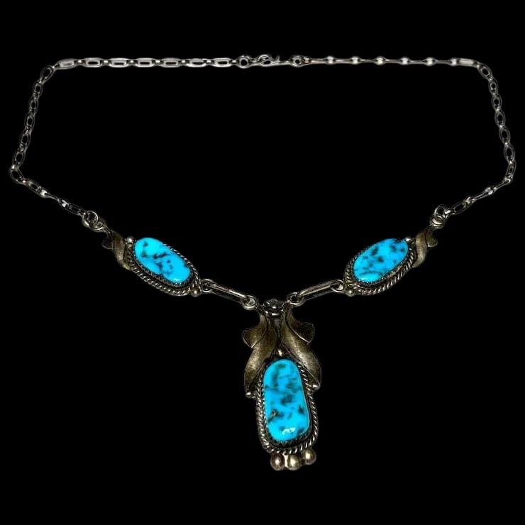 Vintage Handmade Sterling Silver Navajo Turquoise Necklace Signed R (1 of 8)