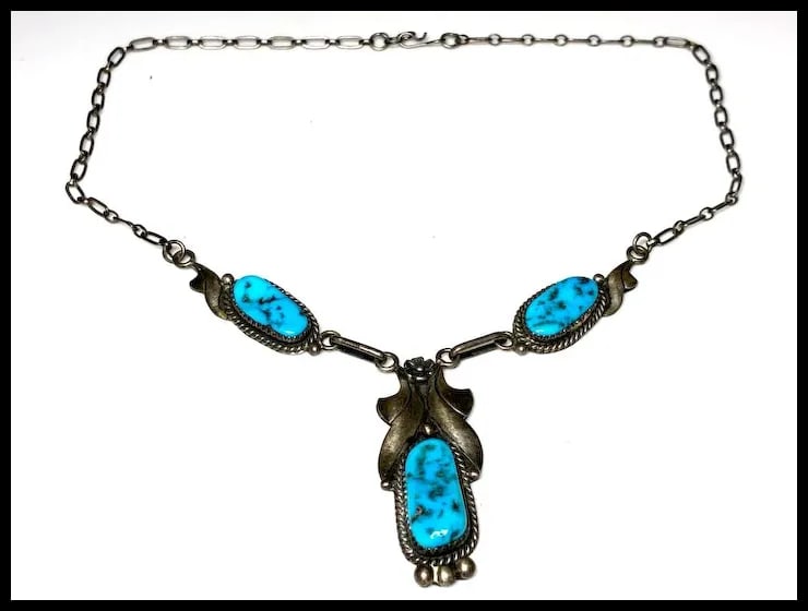 Vintage Handmade Sterling Silver Navajo Turquoise Necklace Signed R - 2