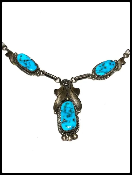 Vintage Handmade Sterling Silver Navajo Turquoise Necklace Signed R - 3