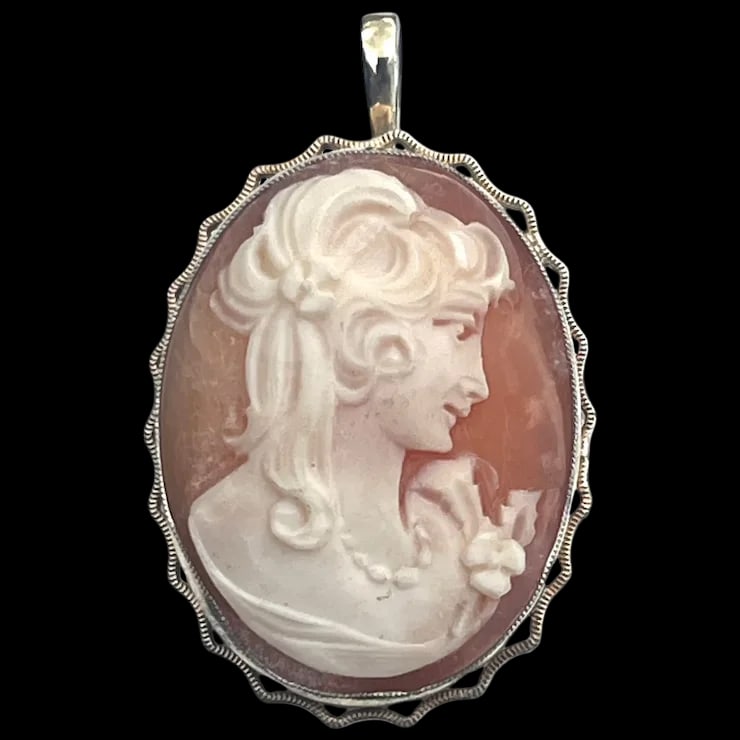 Vintage Gold Tone Ornate Shell Cameo Brooch/ Retractable Pendant (1 of 5)