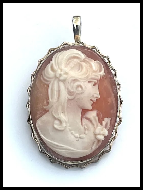 Vintage Gold Tone Ornate Shell Cameo Brooch/ Retractable Pendant - 2