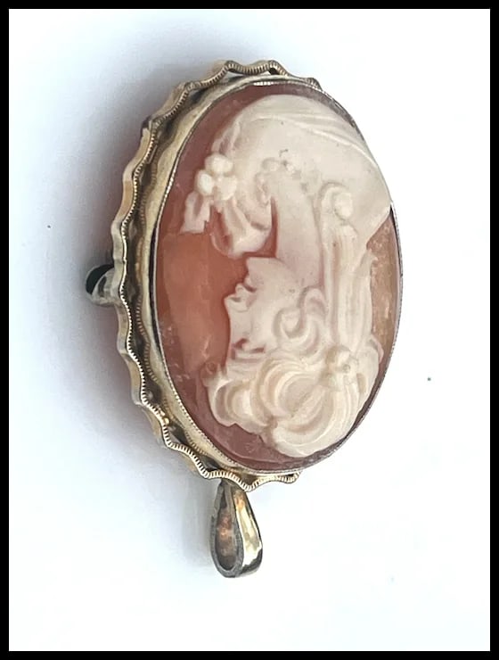 Vintage Gold Tone Ornate Shell Cameo Brooch/ Retractable Pendant - 3