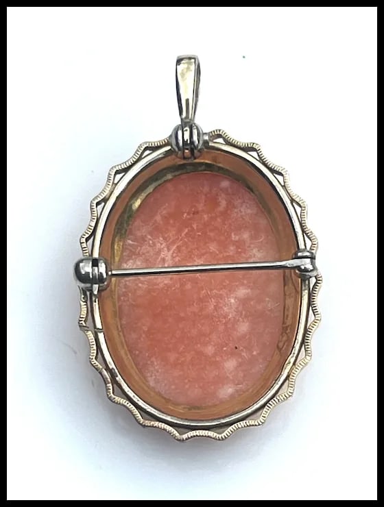 Vintage Gold Tone Ornate Shell Cameo Brooch/ Retractable Pendant - 5