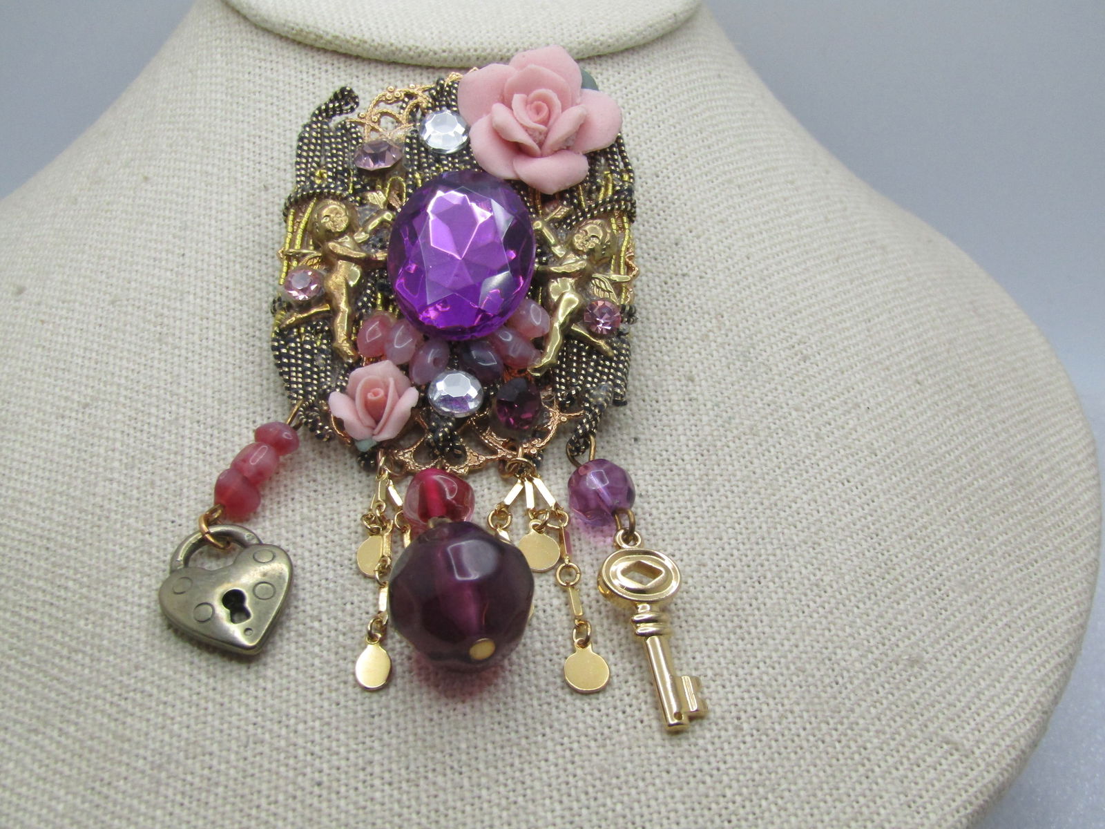 Vintage Rhinestone, Rose, Cherub Dangle Brooch, Handmade, 1980's - 3
