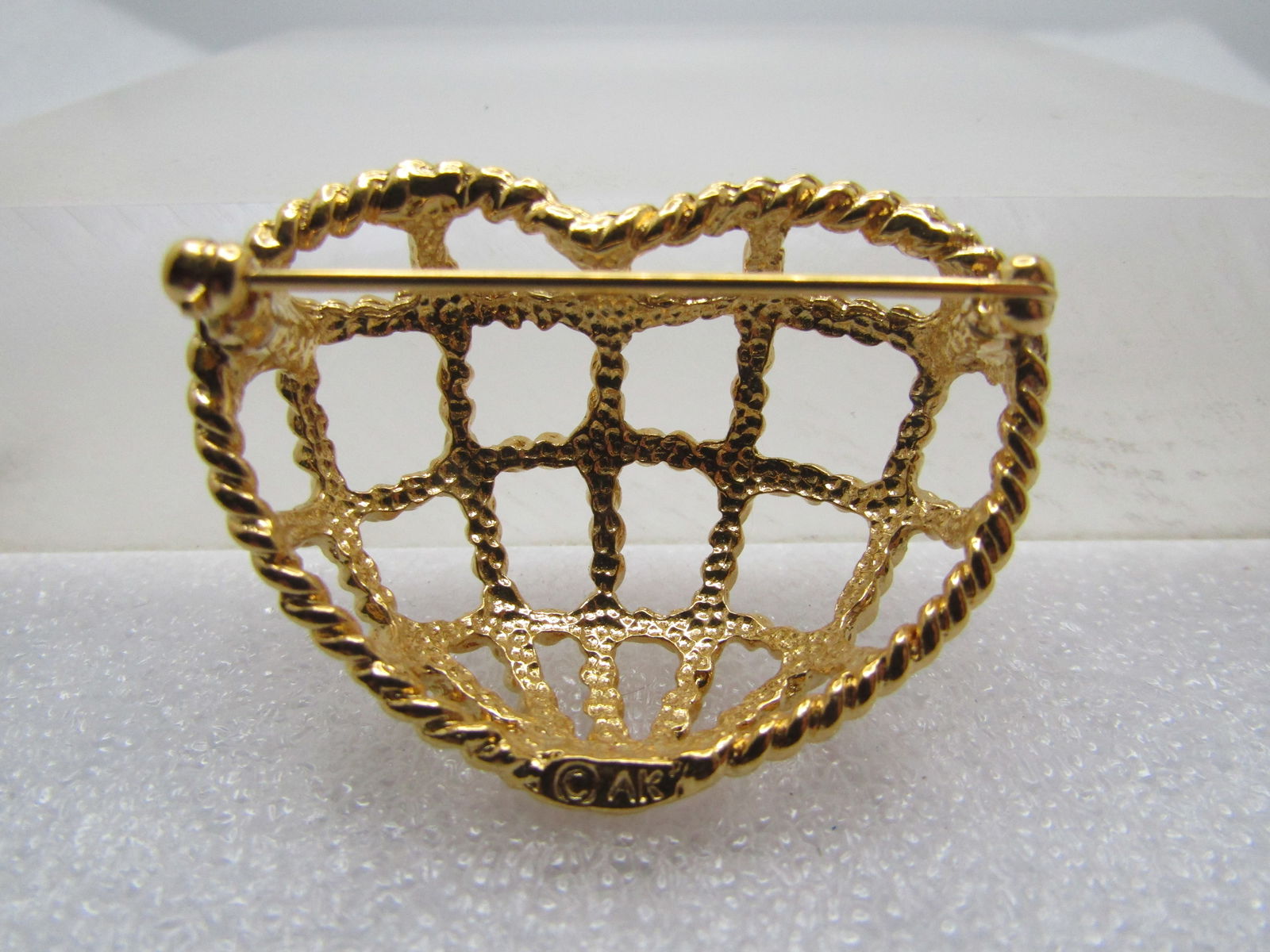 Vintage Open Grid Heart Brooch, Signed AK, 1980-'s-1990's. - 4