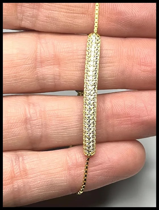 Estate Sterling Silver Gold Plated Pave CZ Bar Bolo Bracelet - 5