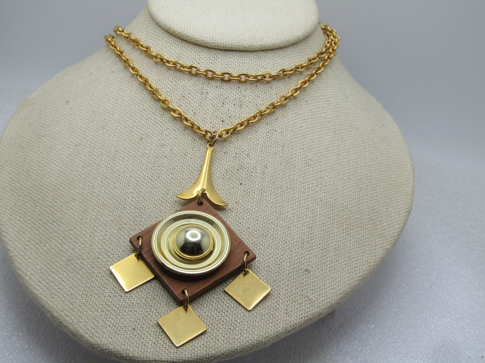 Vintage Mod Dangle Necklace, Mid-Century, Wood & Metal, 30" - 2