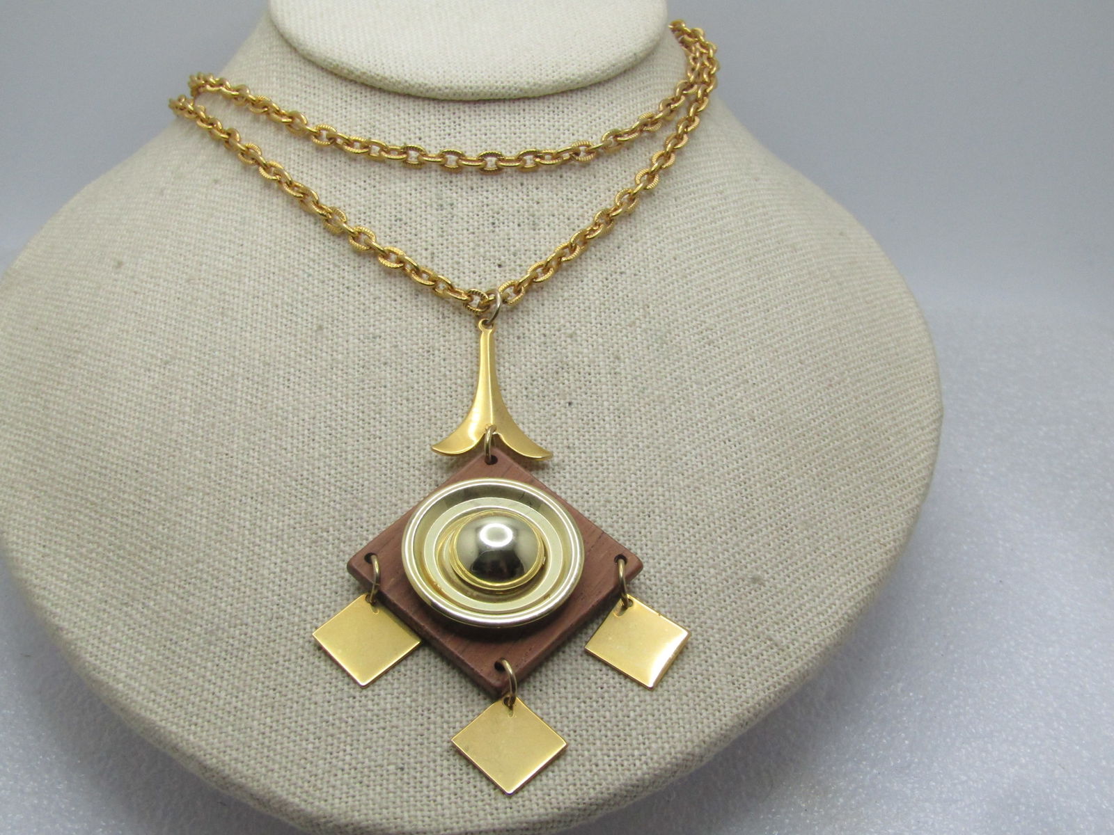 Vintage Mod Dangle Necklace, Mid-Century, Wood & Metal, 30" - 3