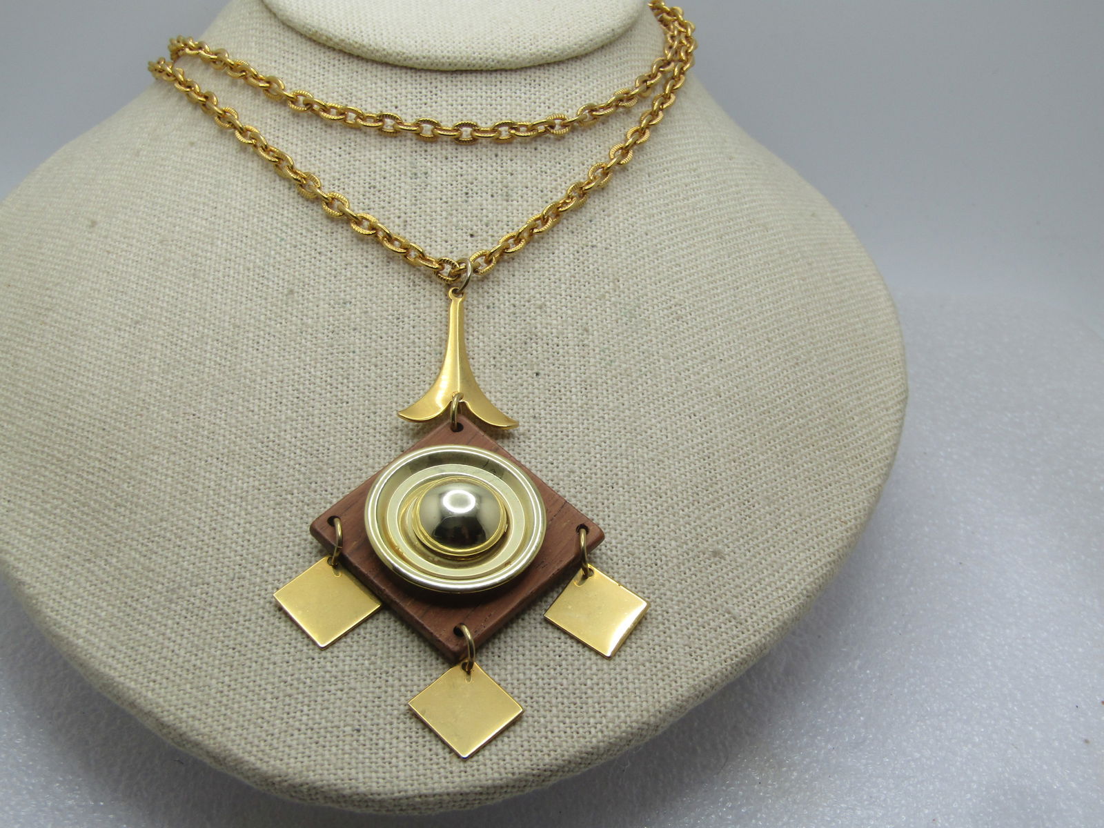 Vintage Mod Dangle Necklace, Mid-Century, Wood & Metal, 30" - 4