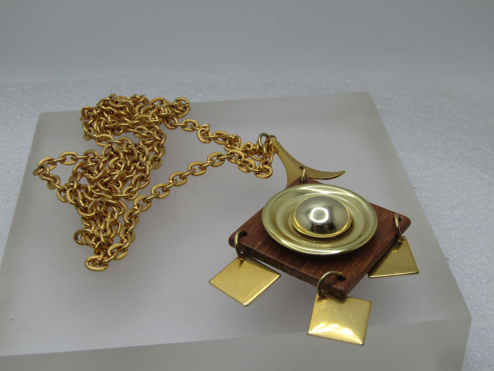 Vintage Mod Dangle Necklace, Mid-Century, Wood & Metal, 30" - 5