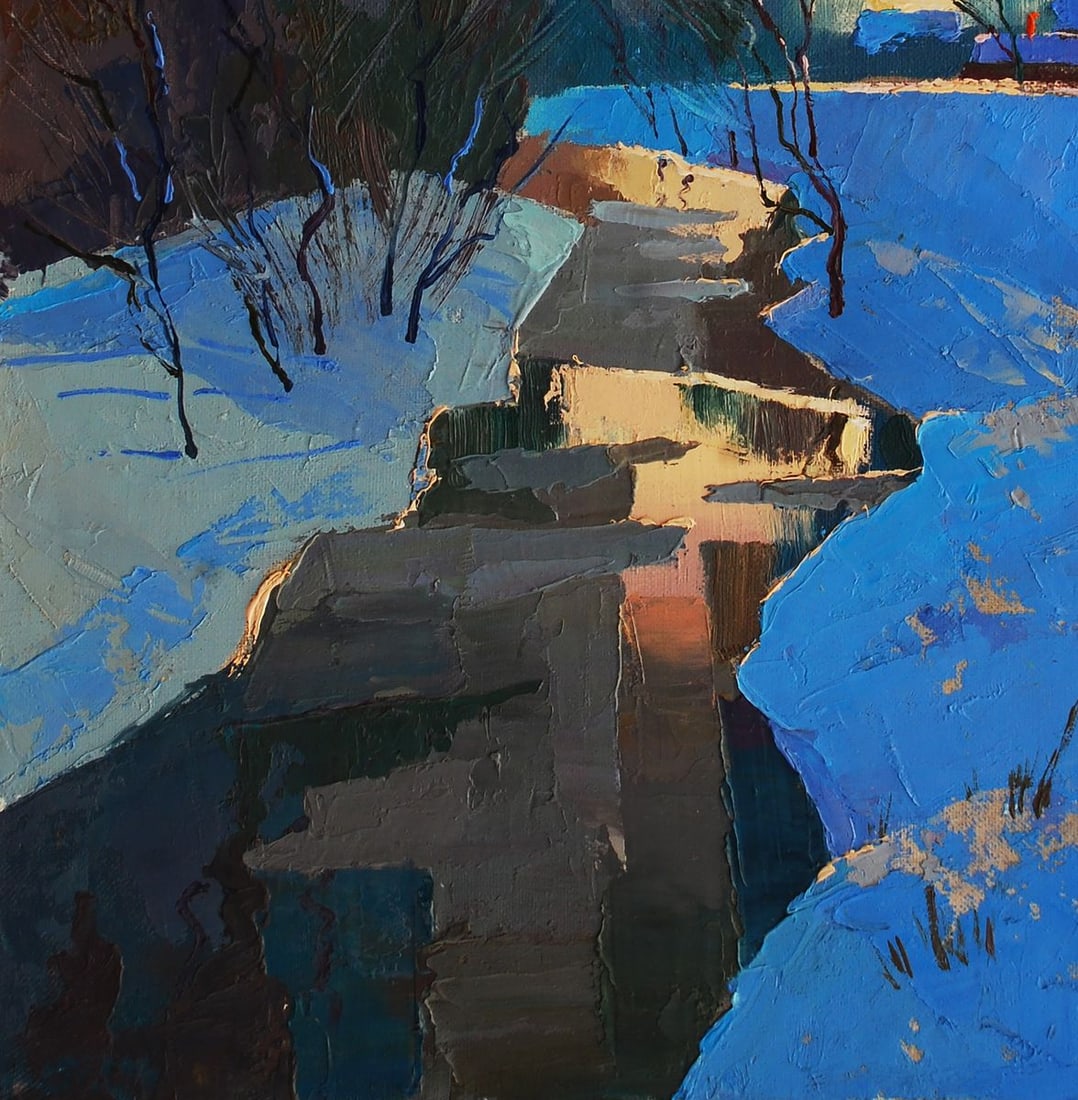 Oil painting Winter evening and silence between snow Egor Shvachunov - 4