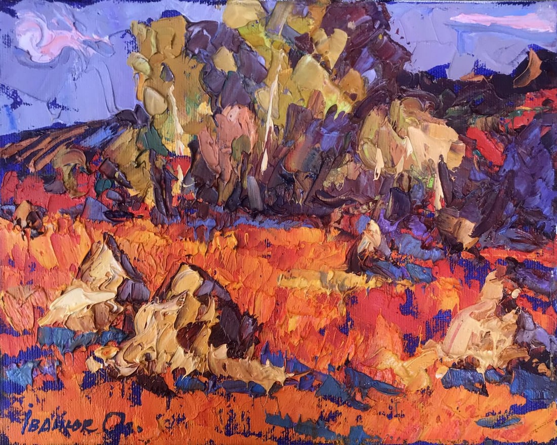 Oil painting Crimson stubble Kalenyuk Alex: Title: Oil painting Crimson stubble Kalenyuk Alex Description: №AAA3083 "Crimson Stubble" is a captivating oil painting that captures the essence of a serene summer landscape with remarkable fin