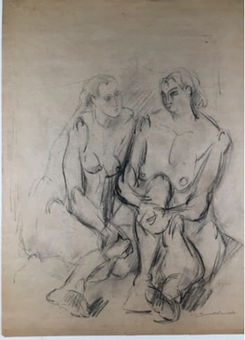 Hans Burkhardt ( Swisse-American 1904-1994)Two seated Figures. 1950: Title:Hans Burkhardt ( Swisse-American 1904-1994)Two seated Figures. 1950 Description:Original charcoal drawing. Signed lower right.Dimension:Sheet size: 24” x 17.3” inches Reserve: