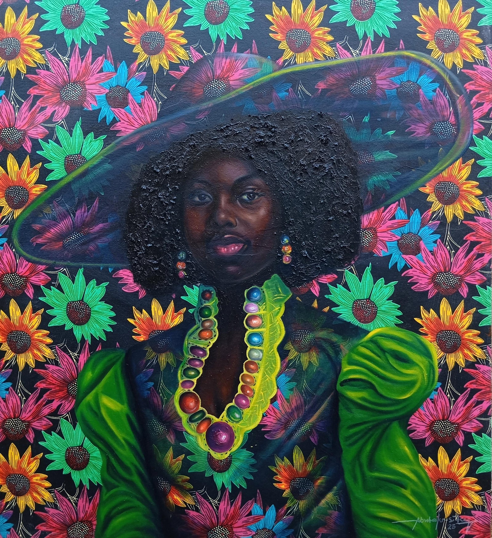 Bakare Abubakri-sideeq Babatunde, Sunflower Queen - 21st Century Mixed Media with Oil, African: Title: Bakare Abubakri-sideeq Babatunde, Sunflower Queen - 21st Century Mixed Media with Oil, African Fabrics, Fashion, 2025Description: Creator: Bakare Abubakri-sideeq Babatunde (1992, Nigerian)