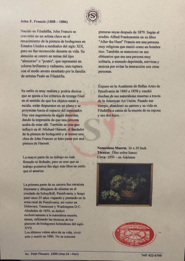 ATTRIBUTED TO John F. FRANCIS - Oil canvas painting "Grapes" Signed COA - 6