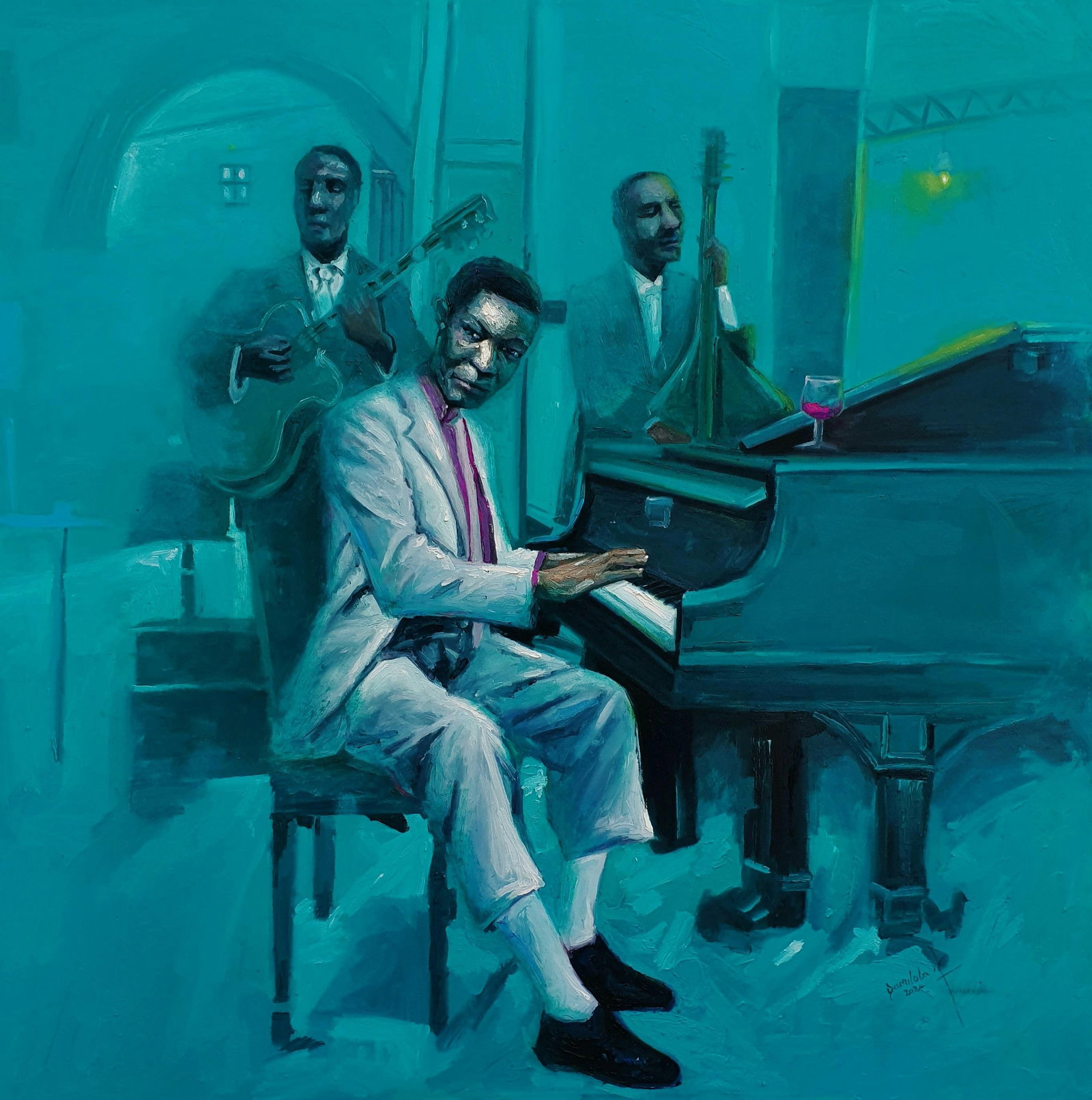 Ajegbomogun Damilola, Band - 21st Century Contemporary, Figurative Portrait, Blue, Men, Musical,: Title: Ajegbomogun Damilola, Band - 21st Century Contemporary, Figurative Portrait, Blue, Men, Musical, Piano, 2024 Description: Creator: Ajegbomogun Damilola (1993, Nigerian) Creation Year: 2024 Dime