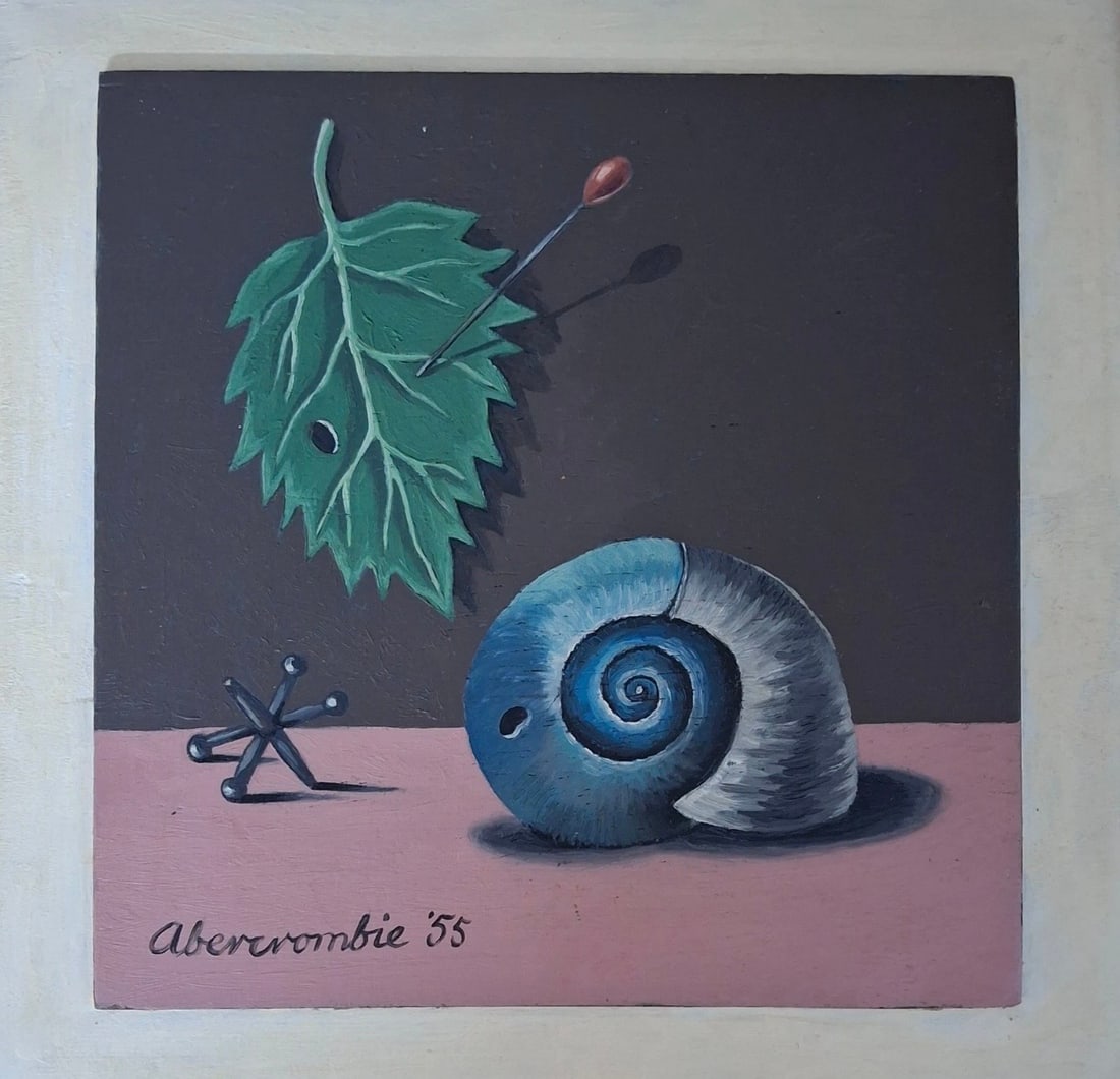 IN THE MANNER OF Gertrude ABERCROMBIE ''55 - Oil painting on Wood Panel framed: Title: IN THE MANNER OF Gertrude ABERCROMBIE ''55 - Oil painting on Wood Panel framedDescription:This is a quirky little surreal oil on a wood panel that has been attached to another painted wood