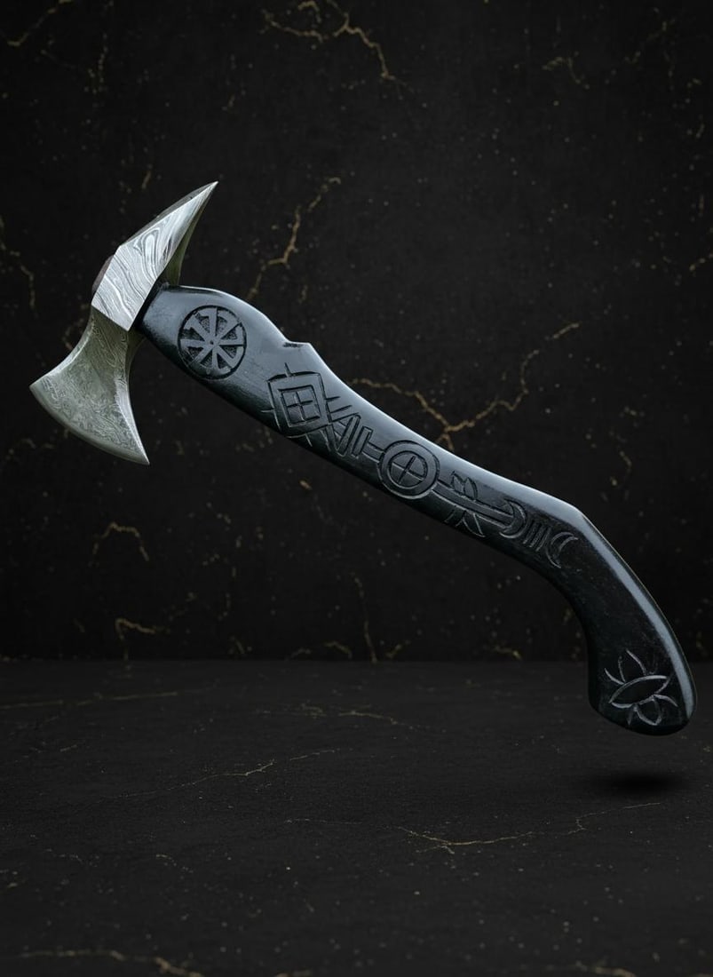 Custom Forged Damascus Steel Viking Tomahawk with Hand Carved Wood Handle & Sheath - 2