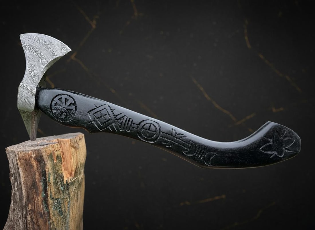 Custom Forged Damascus Steel Viking Tomahawk with Hand Carved Wood Handle & Sheath - 3