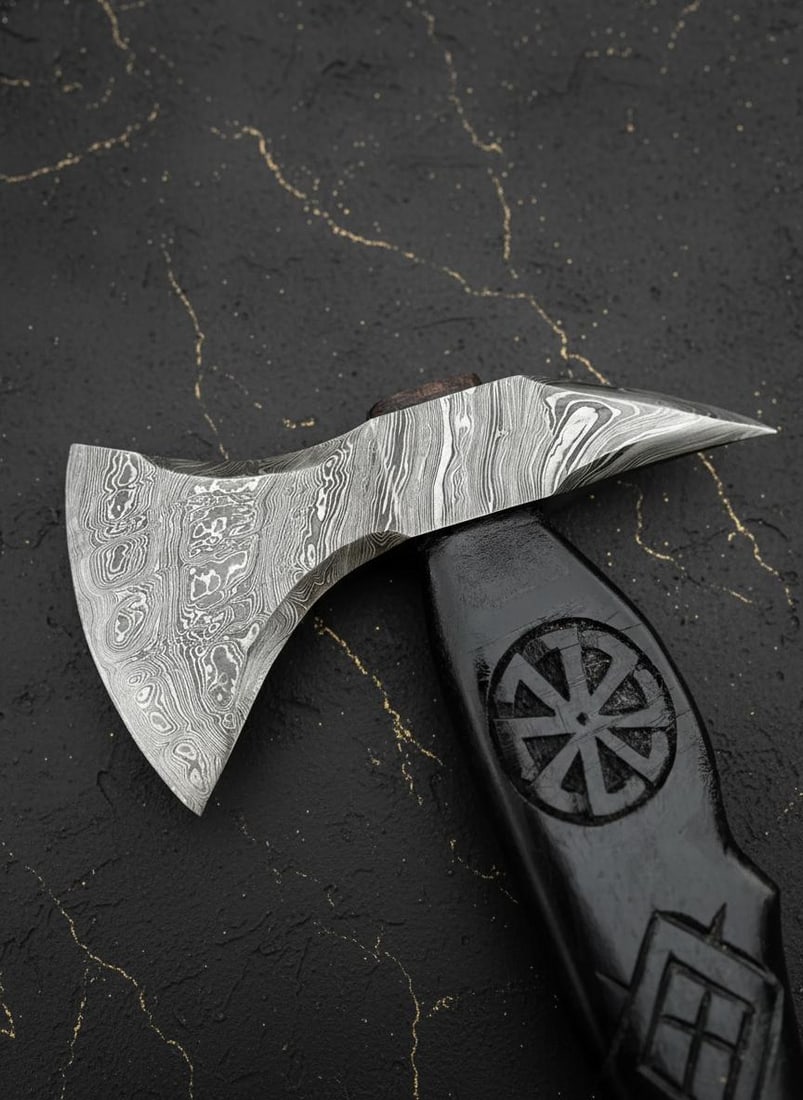 Custom Forged Damascus Steel Viking Tomahawk with Hand Carved Wood Handle & Sheath - 4