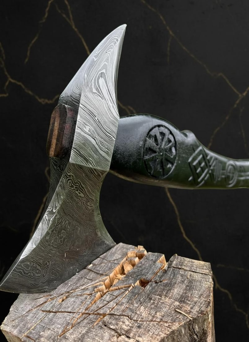 Custom Forged Damascus Steel Viking Tomahawk with Hand Carved Wood Handle & Sheath - 8