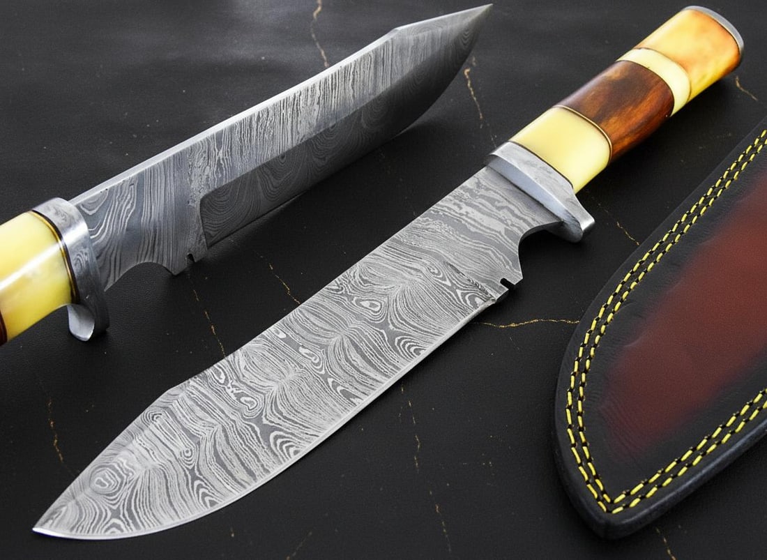 Custom Forged Damascus Steel Bowie Knife 8" Blade with Camel Bone and Wood Handle: Title:Custom Forged Damascus Steel Bowie Knife 8" Blade with Camel Bone and Wood HandleDescription:This hand forged Bowie knife is a substantial tool designed for hunting and outdoor use. It features