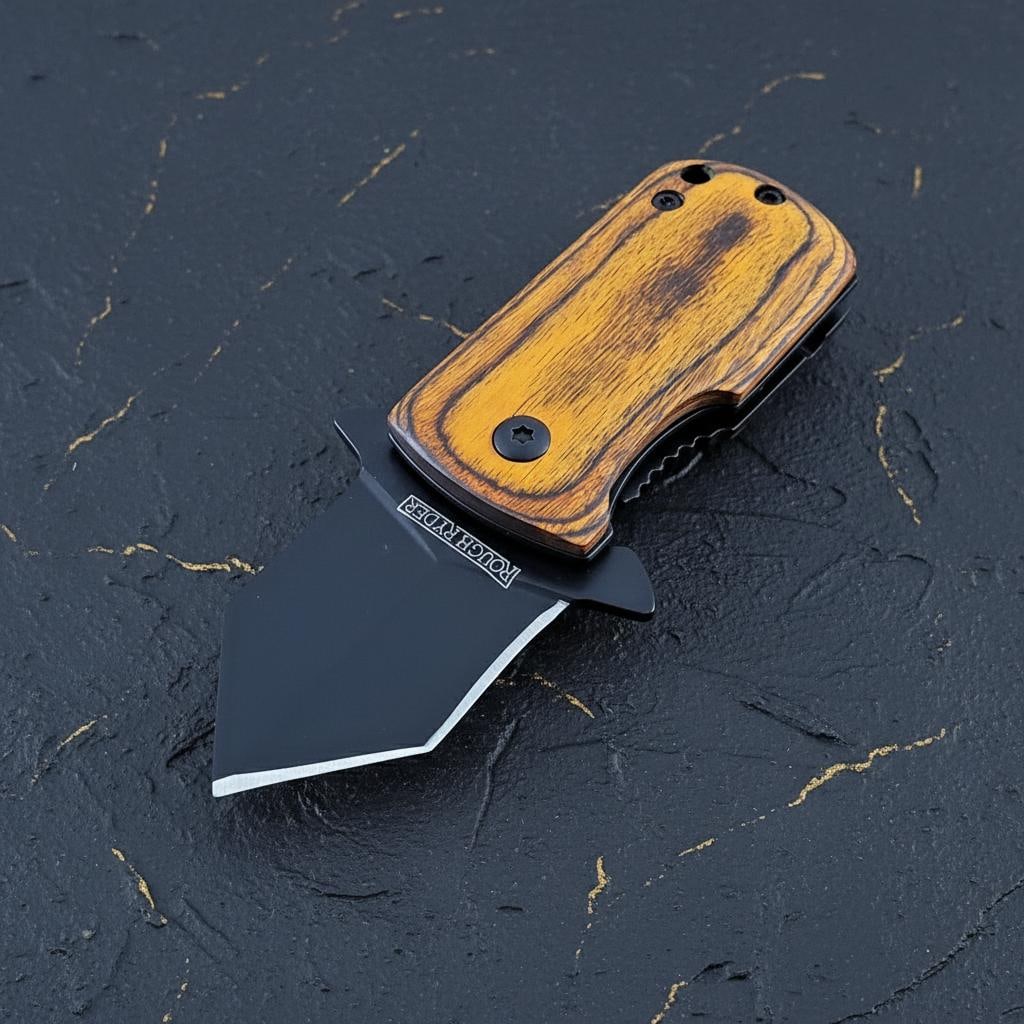 Compact Wood Handle Pocket Knife with Assisted Opening Black Tanto Blade by Rough Ryder (1 of 7)