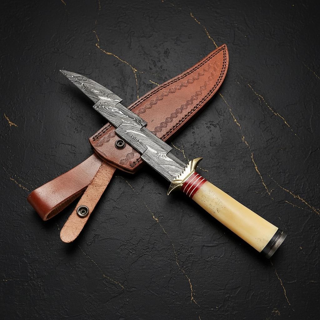 13" Hand Forged Damascus Steel Dagger Knife with Bone Handle and Brass Bolster (1 of 5)