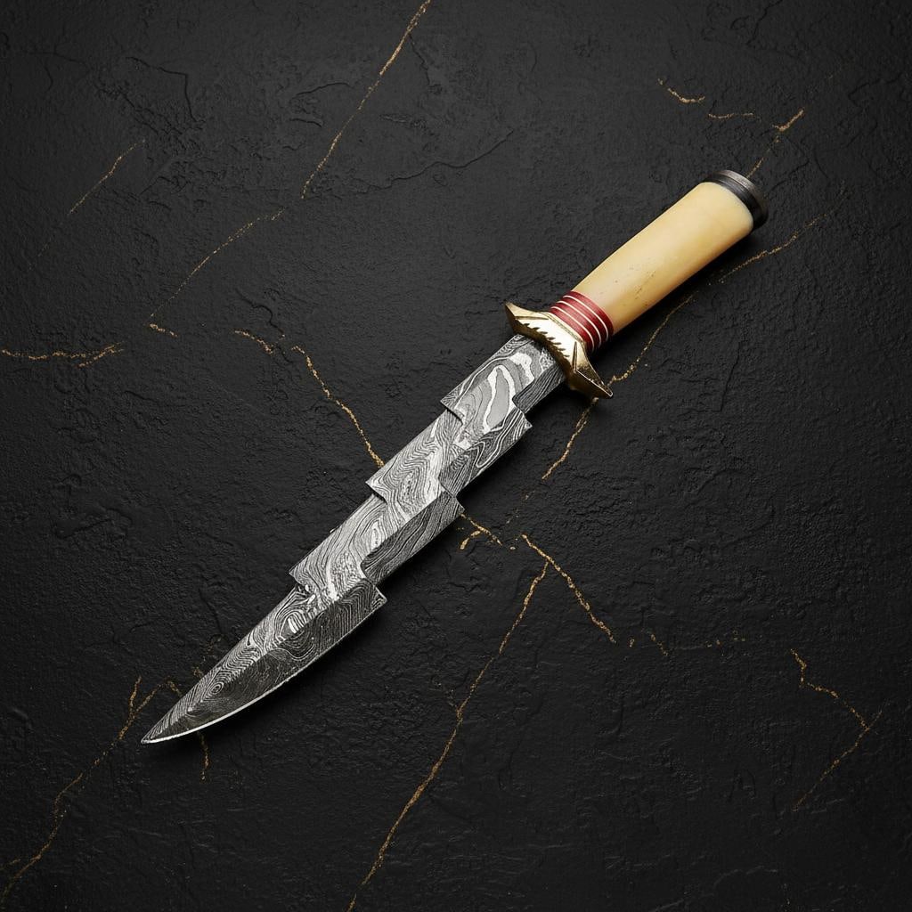 13" Hand Forged Damascus Steel Dagger Knife with Bone Handle and Brass Bolster - 2