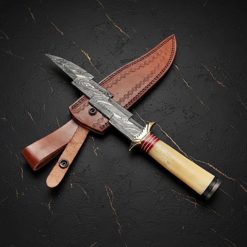 13" Hand Forged Damascus Steel Dagger Knife with Bone Handle and Brass Bolster - 3