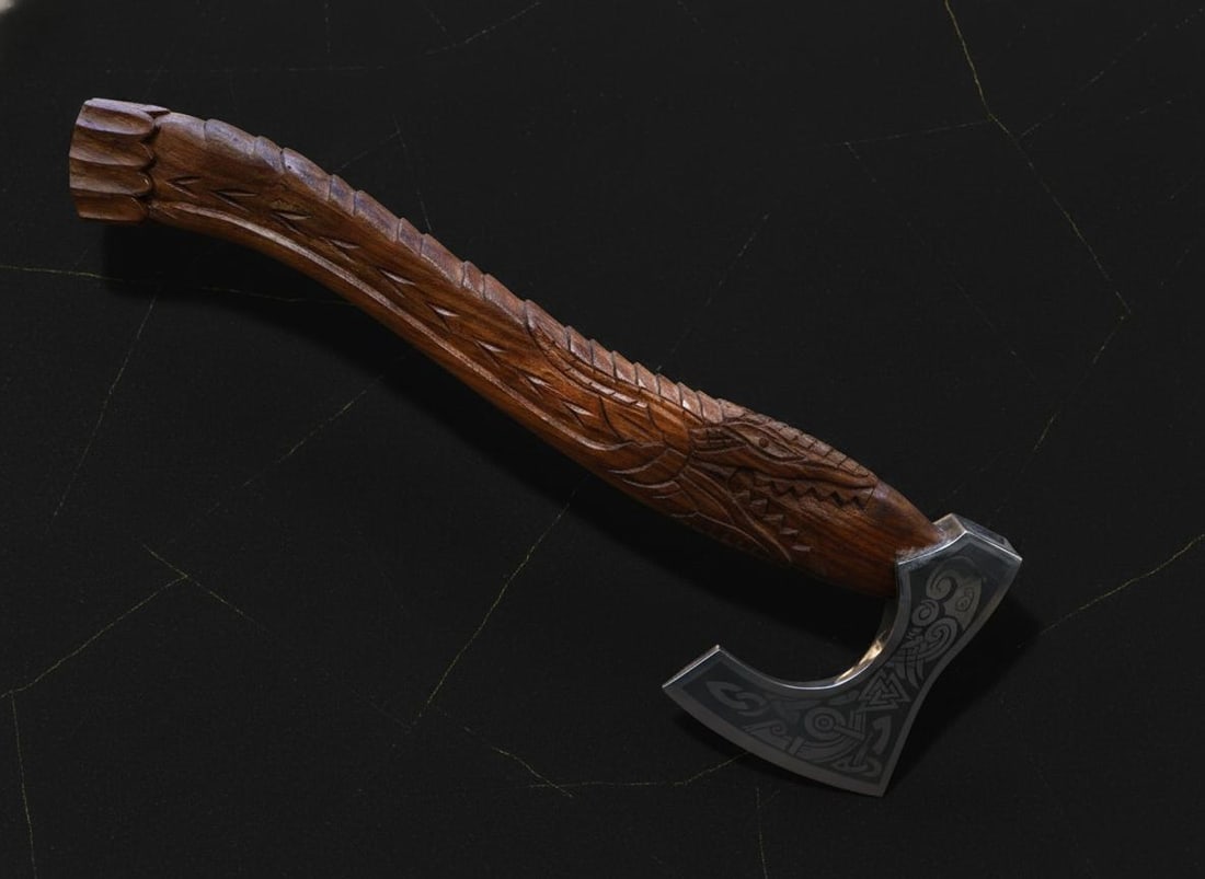 Carved Dragon Tomahawk Axe Hand Forged Carbon Steel Viking Style with Sheath - 10