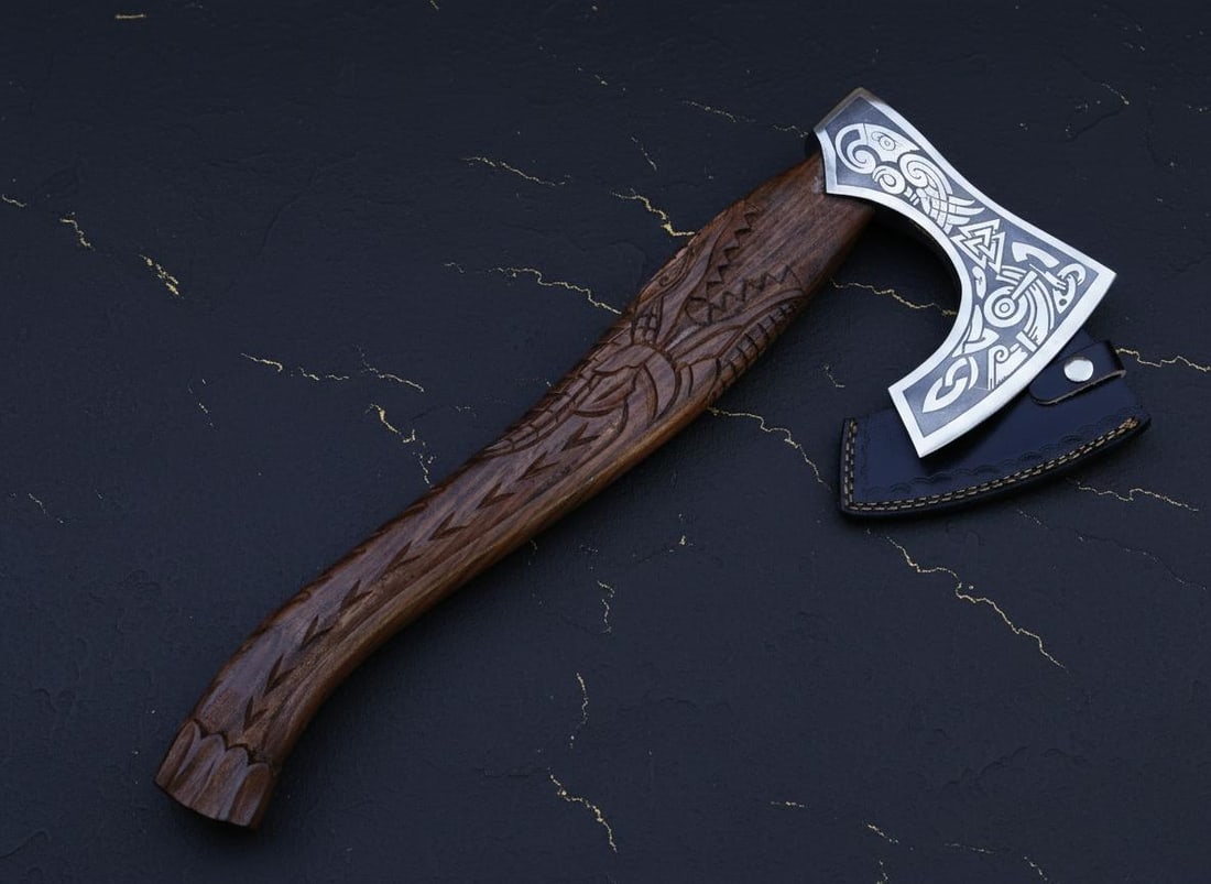 Carved Dragon Tomahawk Axe Hand Forged Carbon Steel Viking Style with Sheath (1 of 11)