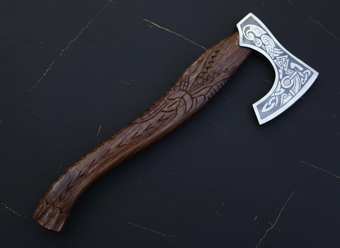 Carved Dragon Tomahawk Axe Hand Forged Carbon Steel Viking Style with Sheath - 3